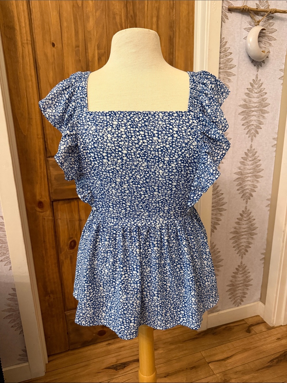 Staccato Blue Floral Square-Neck Ruffle Sleeve Tunic